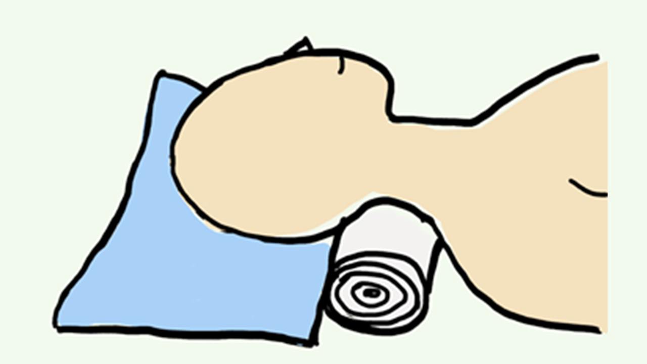 圖三：躺姿，利用毛巾卷墊在頸部下，保持頭、頸與脊椎呈一直線